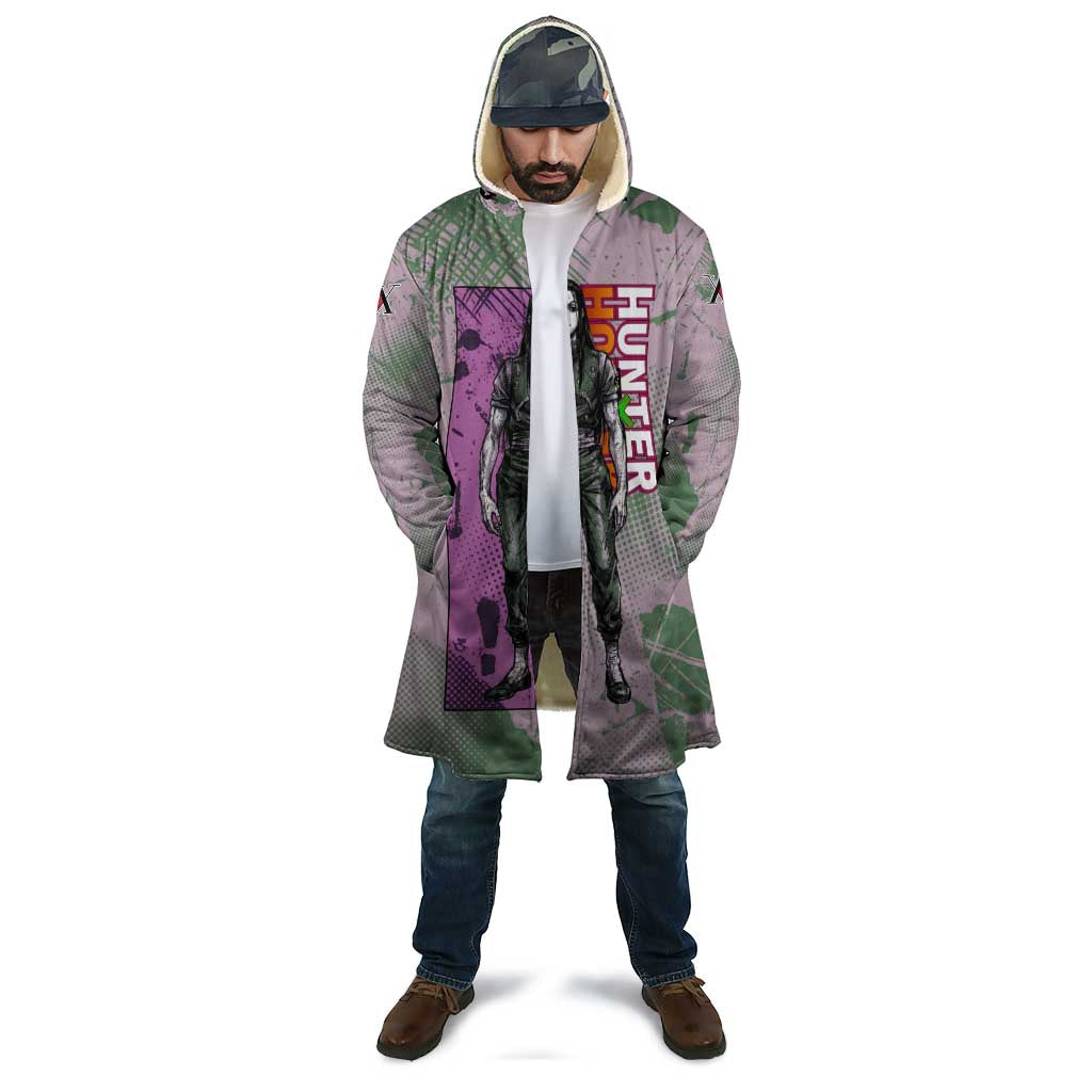 Alluka Zoldyck Theme Purple and Green Paint Splatter Design Cloak with Nen Ability Artwork and Character Card Style - The Mazicc
