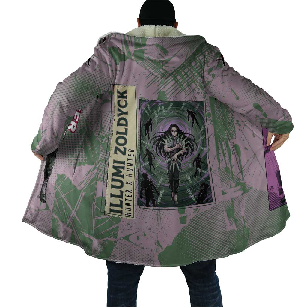 Alluka Zoldyck Theme Purple and Green Paint Splatter Design Cloak with Nen Ability Artwork and Character Card Style - The Mazicc