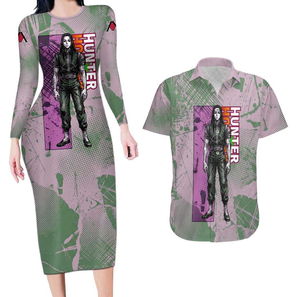 Alluka Zoldyck Theme Purple and Green Paint Splatter Design Couples Matching Long Sleeve Bodycon Dress and Hawaiian Shirt with Nen Ability Artwork and Character Card Style - The Mazicc