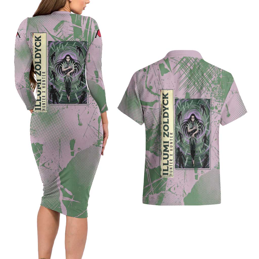 Alluka Zoldyck Theme Purple and Green Paint Splatter Design Couples Matching Long Sleeve Bodycon Dress and Hawaiian Shirt with Nen Ability Artwork and Character Card Style - The Mazicc
