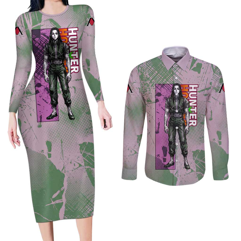 Alluka Zoldyck Theme Purple and Green Paint Splatter Design Couples Matching Long Sleeve Bodycon Dress and Long Sleeve Button Shirt with Nen Ability Artwork and Character Card Style - The Mazicc