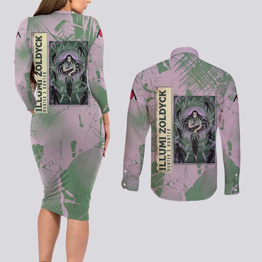 Alluka Zoldyck Theme Purple and Green Paint Splatter Design Couples Matching Long Sleeve Bodycon Dress and Long Sleeve Button Shirt with Nen Ability Artwork and Character Card Style - The Mazicc