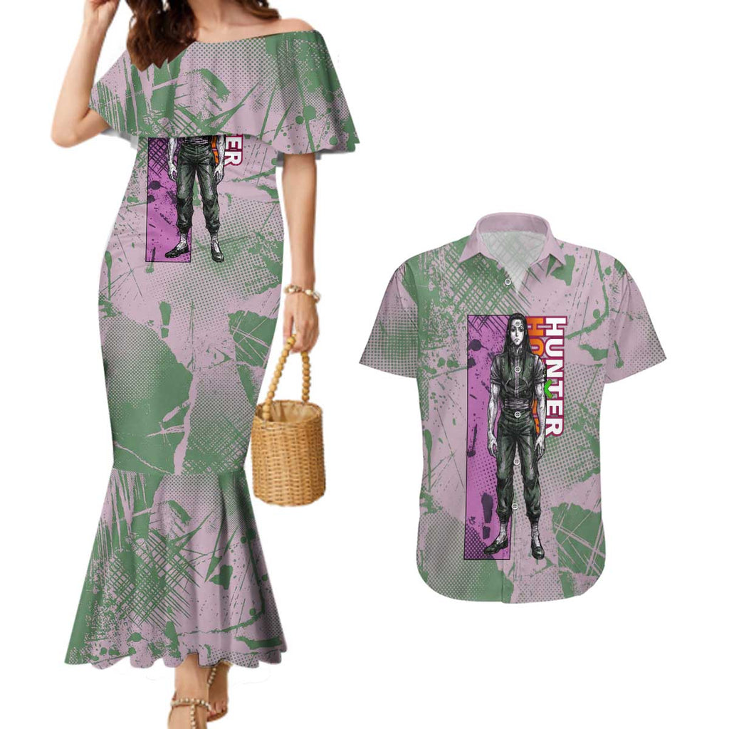 Alluka Zoldyck Theme Purple and Green Paint Splatter Design Couples Matching Mermaid Dress and Hawaiian Shirt with Nen Ability Artwork and Character Card Style - The Mazicc