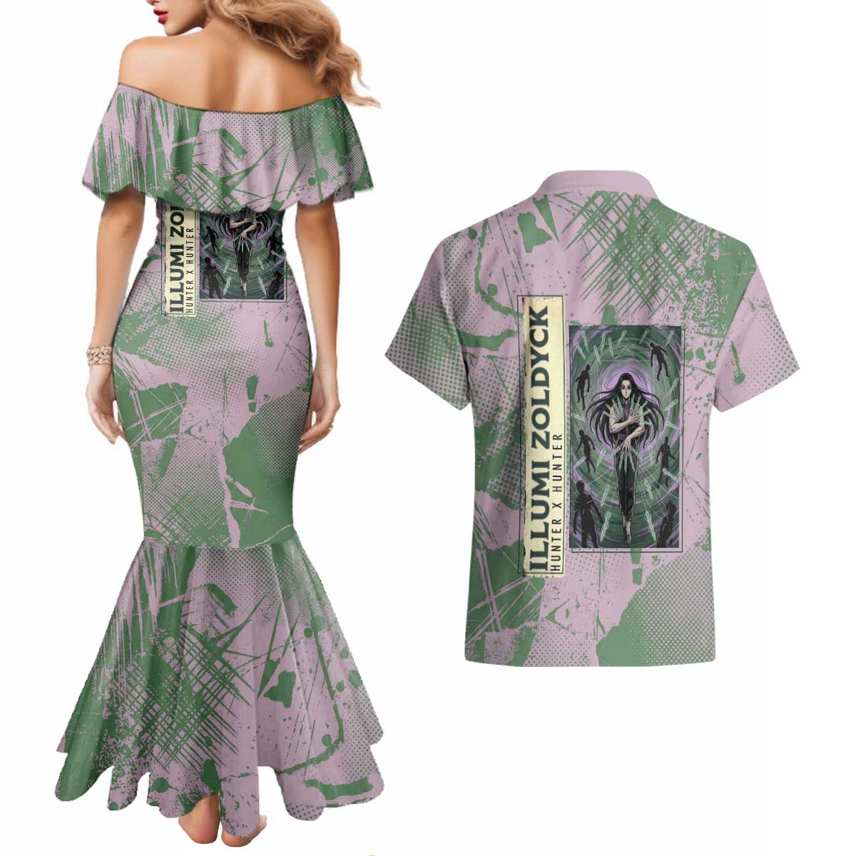 Alluka Zoldyck Theme Purple and Green Paint Splatter Design Couples Matching Mermaid Dress and Hawaiian Shirt with Nen Ability Artwork and Character Card Style - The Mazicc