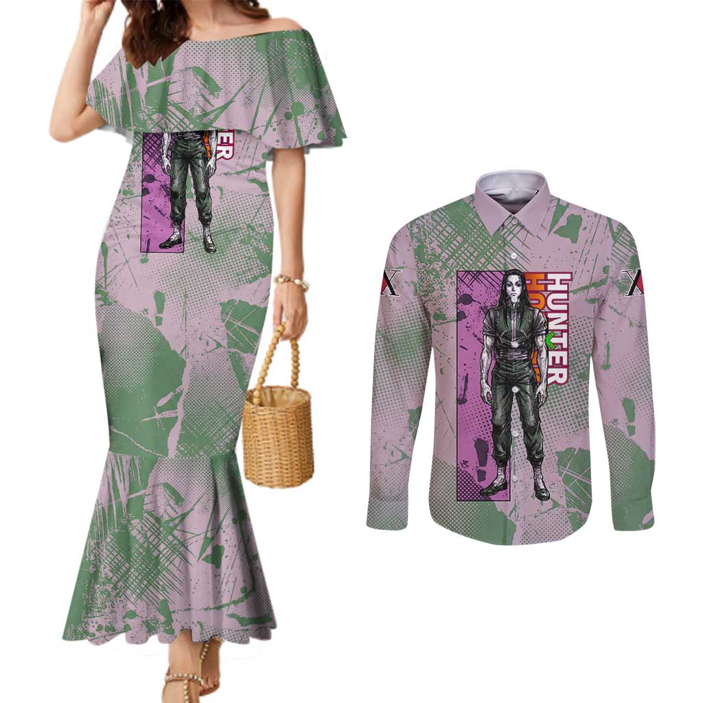 Alluka Zoldyck Theme Purple and Green Paint Splatter Design Couples Matching Mermaid Dress and Long Sleeve Button Shirt with Nen Ability Artwork and Character Card Style - The Mazicc