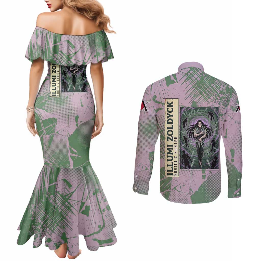 Alluka Zoldyck Theme Purple and Green Paint Splatter Design Couples Matching Mermaid Dress and Long Sleeve Button Shirt with Nen Ability Artwork and Character Card Style - The Mazicc