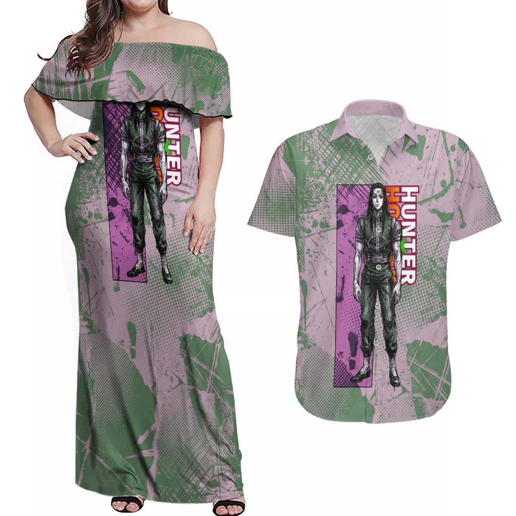 Alluka Zoldyck Theme Purple and Green Paint Splatter Design Couples Matching Off Shoulder Maxi Dress and Hawaiian Shirt with Nen Ability Artwork and Character Card Style - The Mazicc