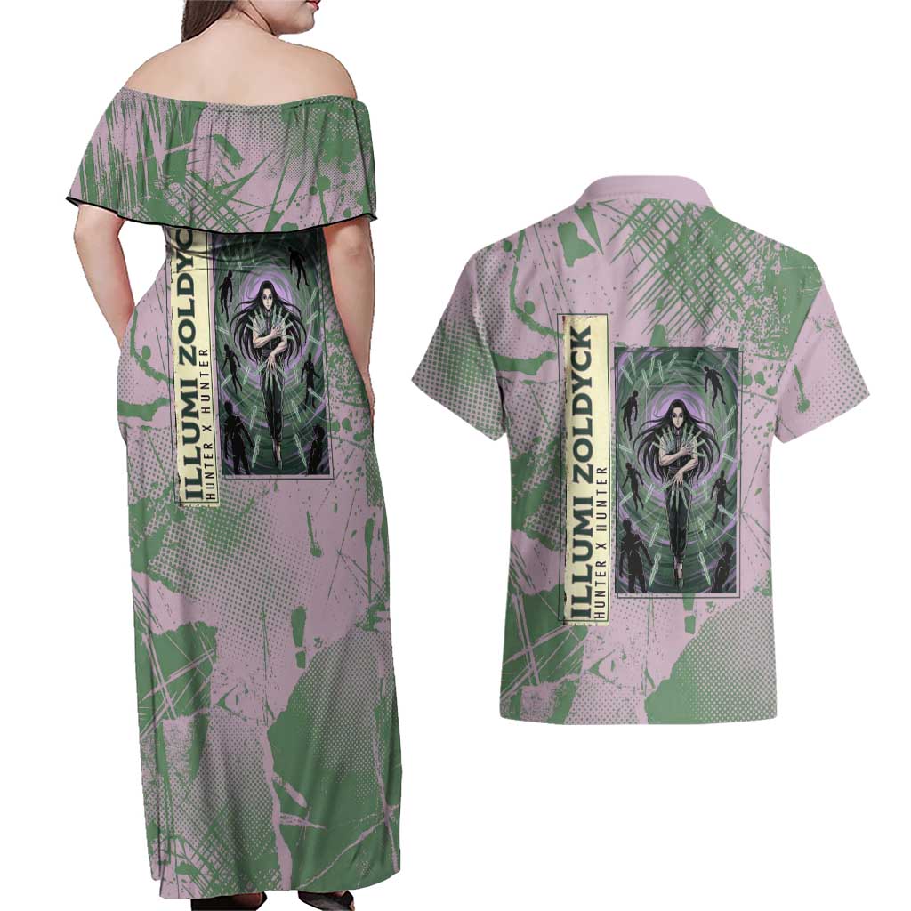 Alluka Zoldyck Theme Purple and Green Paint Splatter Design Couples Matching Off Shoulder Maxi Dress and Hawaiian Shirt with Nen Ability Artwork and Character Card Style - The Mazicc