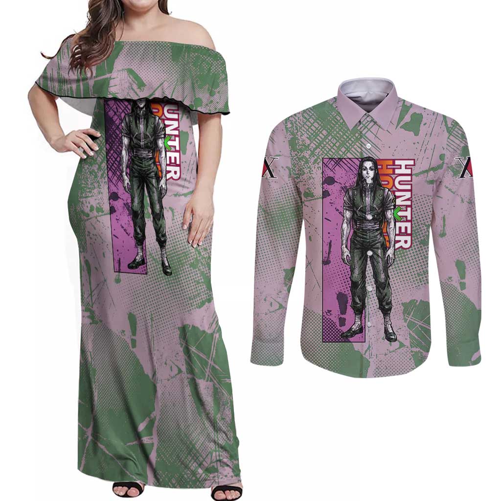 Alluka Zoldyck Theme Purple and Green Paint Splatter Design Couples Matching Off Shoulder Maxi Dress and Long Sleeve Button Shirt with Nen Ability Artwork and Character Card Style - The Mazicc