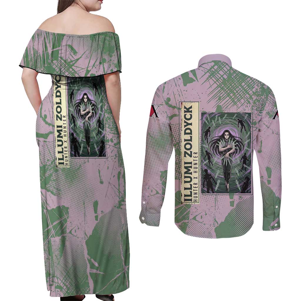 Alluka Zoldyck Theme Purple and Green Paint Splatter Design Couples Matching Off Shoulder Maxi Dress and Long Sleeve Button Shirt with Nen Ability Artwork and Character Card Style - The Mazicc