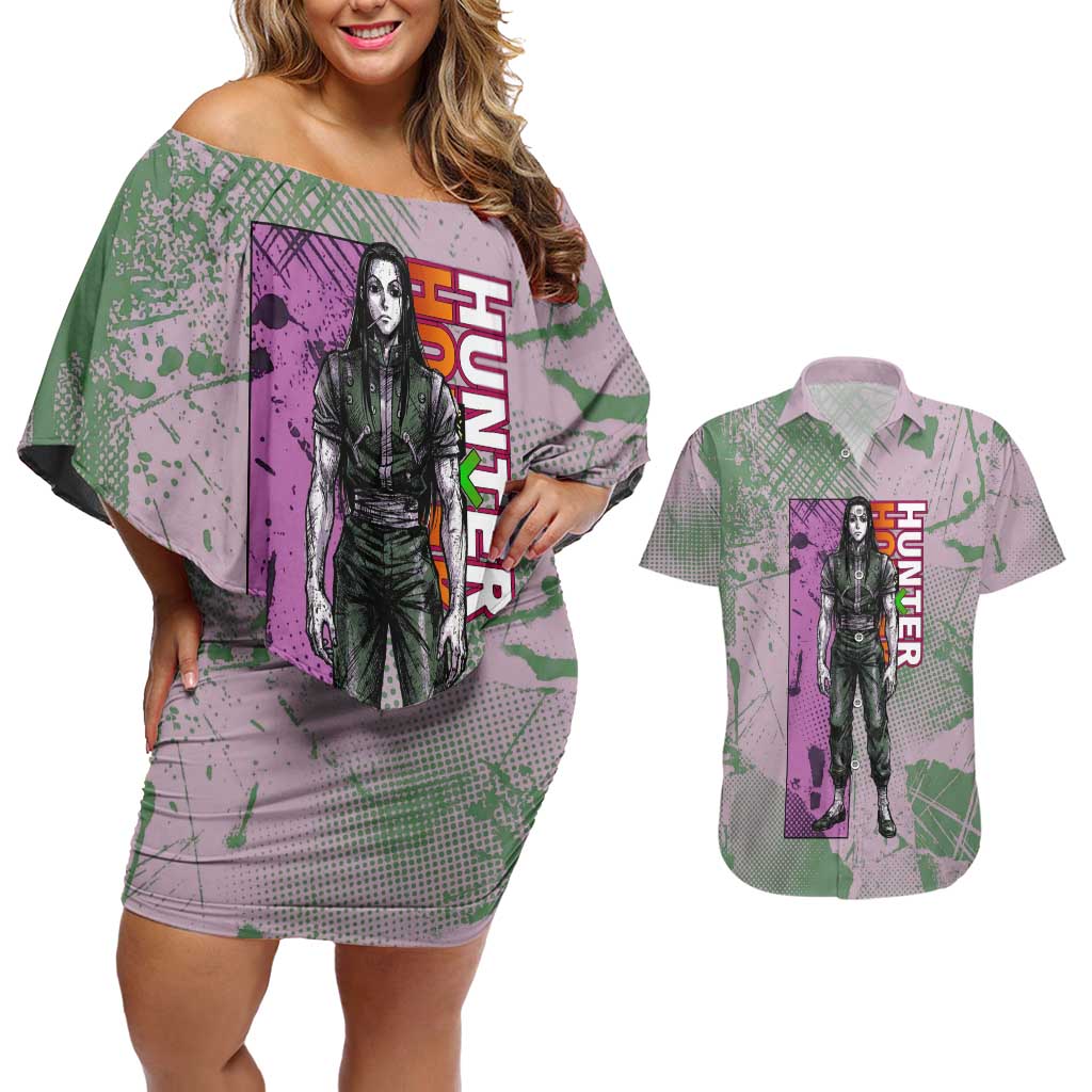 Alluka Zoldyck Theme Purple and Green Paint Splatter Design Couples Matching Off Shoulder Short Dress and Hawaiian Shirt with Nen Ability Artwork and Character Card Style - The Mazicc