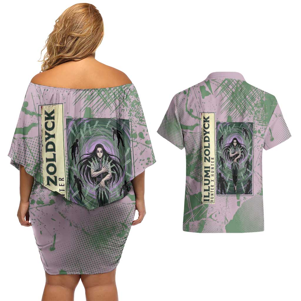 Alluka Zoldyck Theme Purple and Green Paint Splatter Design Couples Matching Off Shoulder Short Dress and Hawaiian Shirt with Nen Ability Artwork and Character Card Style - The Mazicc