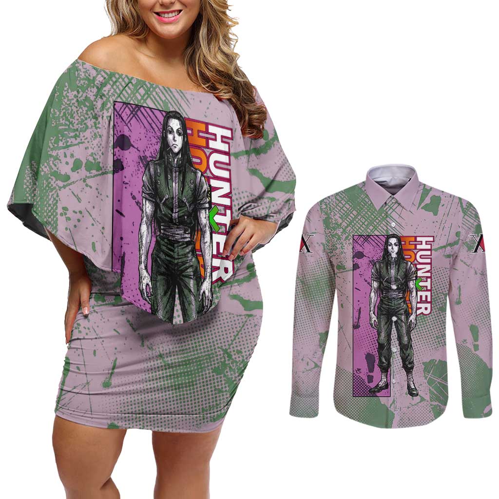 Alluka Zoldyck Theme Purple and Green Paint Splatter Design Couples Matching Off Shoulder Short Dress and Long Sleeve Button Shirt with Nen Ability Artwork and Character Card Style - The Mazicc
