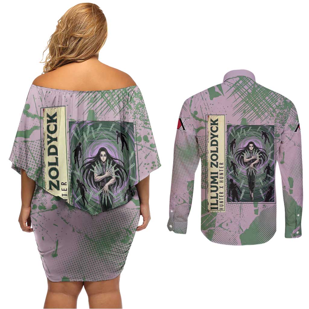 Alluka Zoldyck Theme Purple and Green Paint Splatter Design Couples Matching Off Shoulder Short Dress and Long Sleeve Button Shirt with Nen Ability Artwork and Character Card Style - The Mazicc