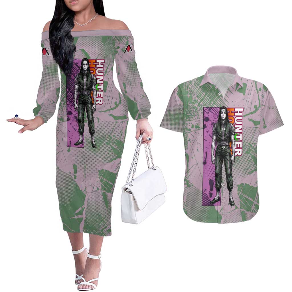 Alluka Zoldyck Theme Purple and Green Paint Splatter Design Couples Matching Off The Shoulder Long Sleeve Dress and Hawaiian Shirt with Nen Ability Artwork and Character Card Style - The Mazicc