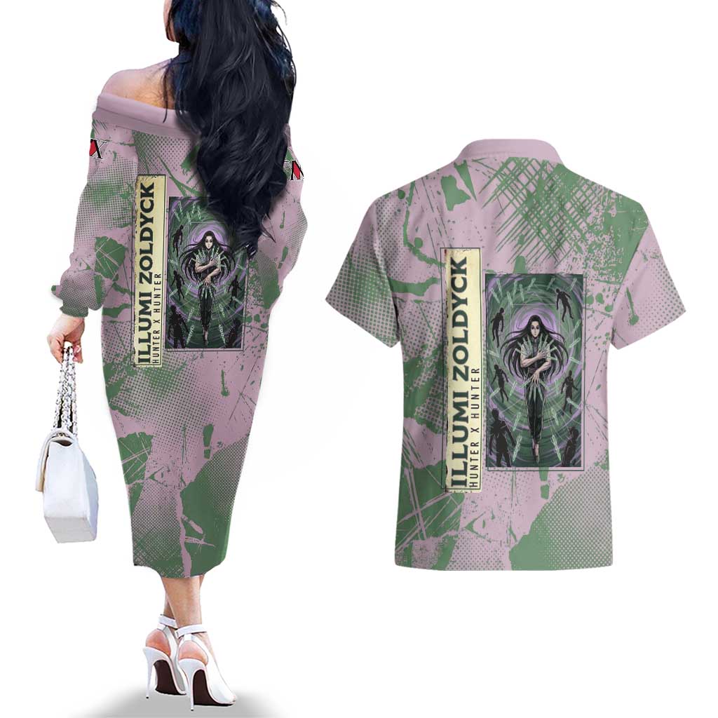 Alluka Zoldyck Theme Purple and Green Paint Splatter Design Couples Matching Off The Shoulder Long Sleeve Dress and Hawaiian Shirt with Nen Ability Artwork and Character Card Style - The Mazicc