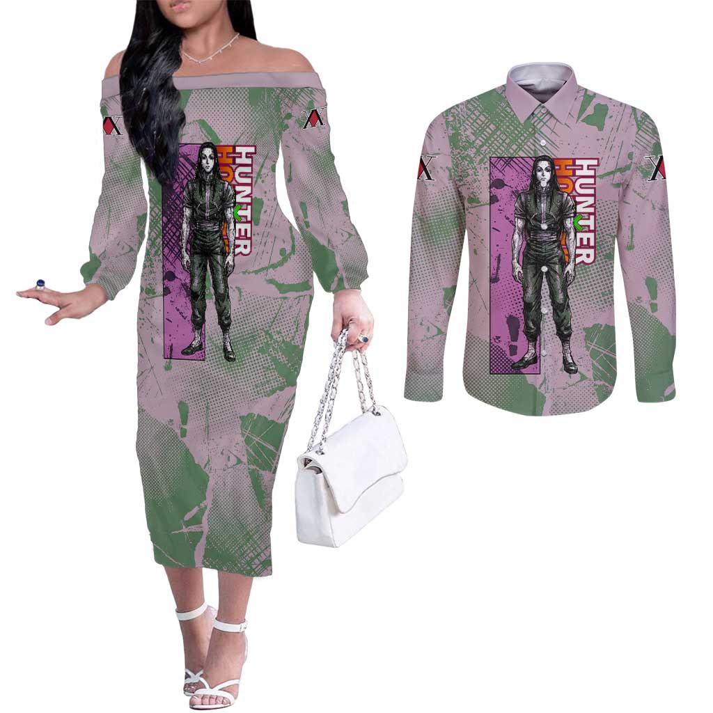 Alluka Zoldyck Theme Purple and Green Paint Splatter Design Couples Matching Off The Shoulder Long Sleeve Dress and Long Sleeve Button Shirt with Nen Ability Artwork and Character Card Style - The Mazicc
