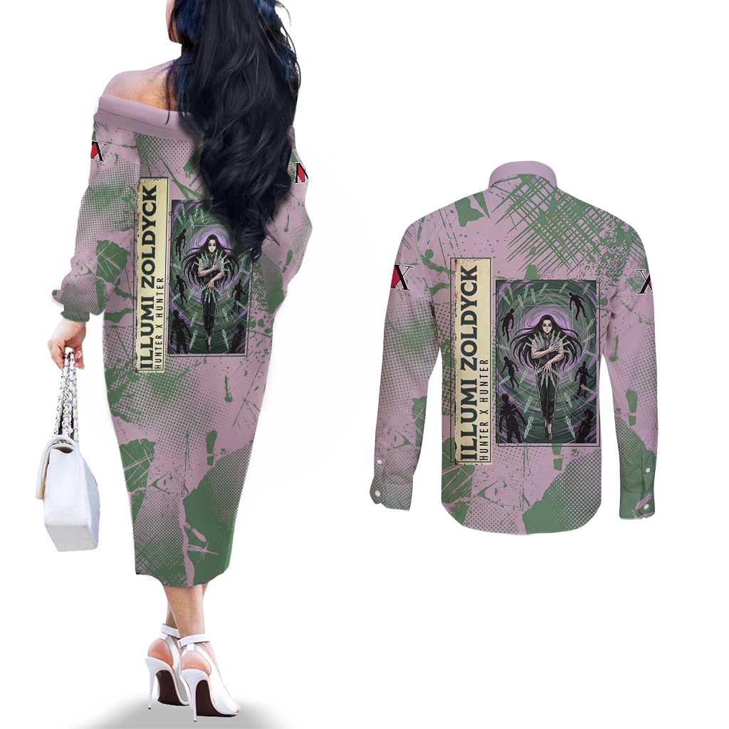 Alluka Zoldyck Theme Purple and Green Paint Splatter Design Couples Matching Off The Shoulder Long Sleeve Dress and Long Sleeve Button Shirt with Nen Ability Artwork and Character Card Style - The Mazicc