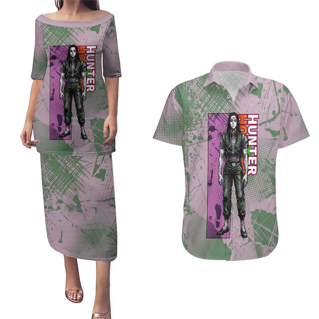 Alluka Zoldyck Theme Purple and Green Paint Splatter Design Couples Matching Puletasi and Hawaiian Shirt with Nen Ability Artwork and Character Card Style - The Mazicc