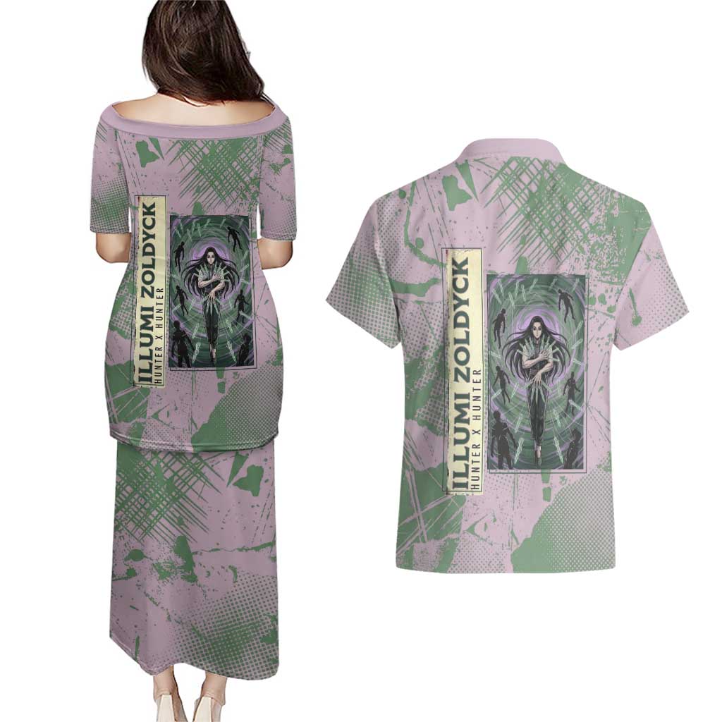 Alluka Zoldyck Theme Purple and Green Paint Splatter Design Couples Matching Puletasi and Hawaiian Shirt with Nen Ability Artwork and Character Card Style - The Mazicc