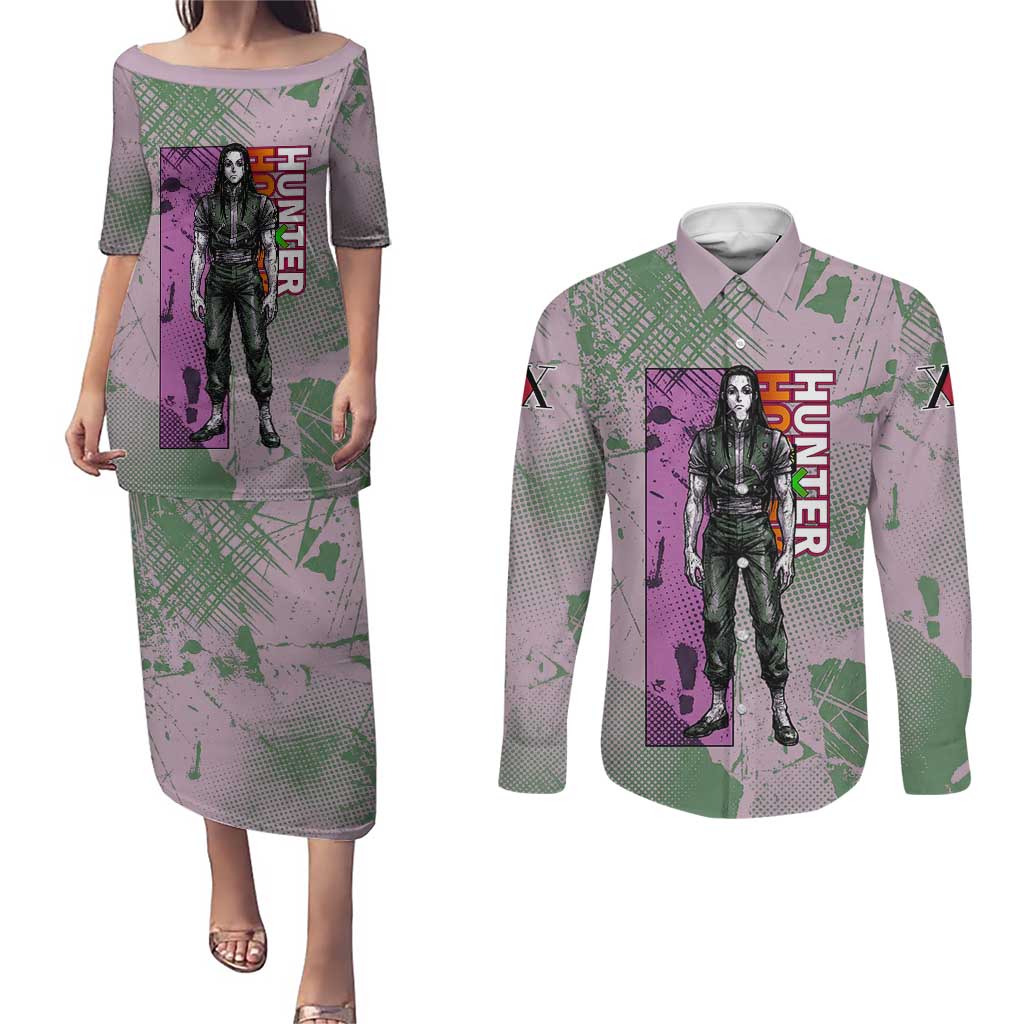 Alluka Zoldyck Theme Purple and Green Paint Splatter Design Couples Matching Puletasi and Long Sleeve Button Shirt with Nen Ability Artwork and Character Card Style - The Mazicc