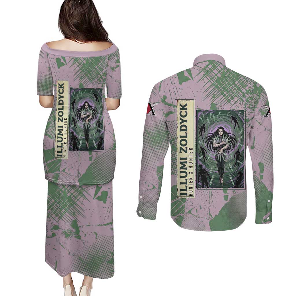 Alluka Zoldyck Theme Purple and Green Paint Splatter Design Couples Matching Puletasi and Long Sleeve Button Shirt with Nen Ability Artwork and Character Card Style - The Mazicc