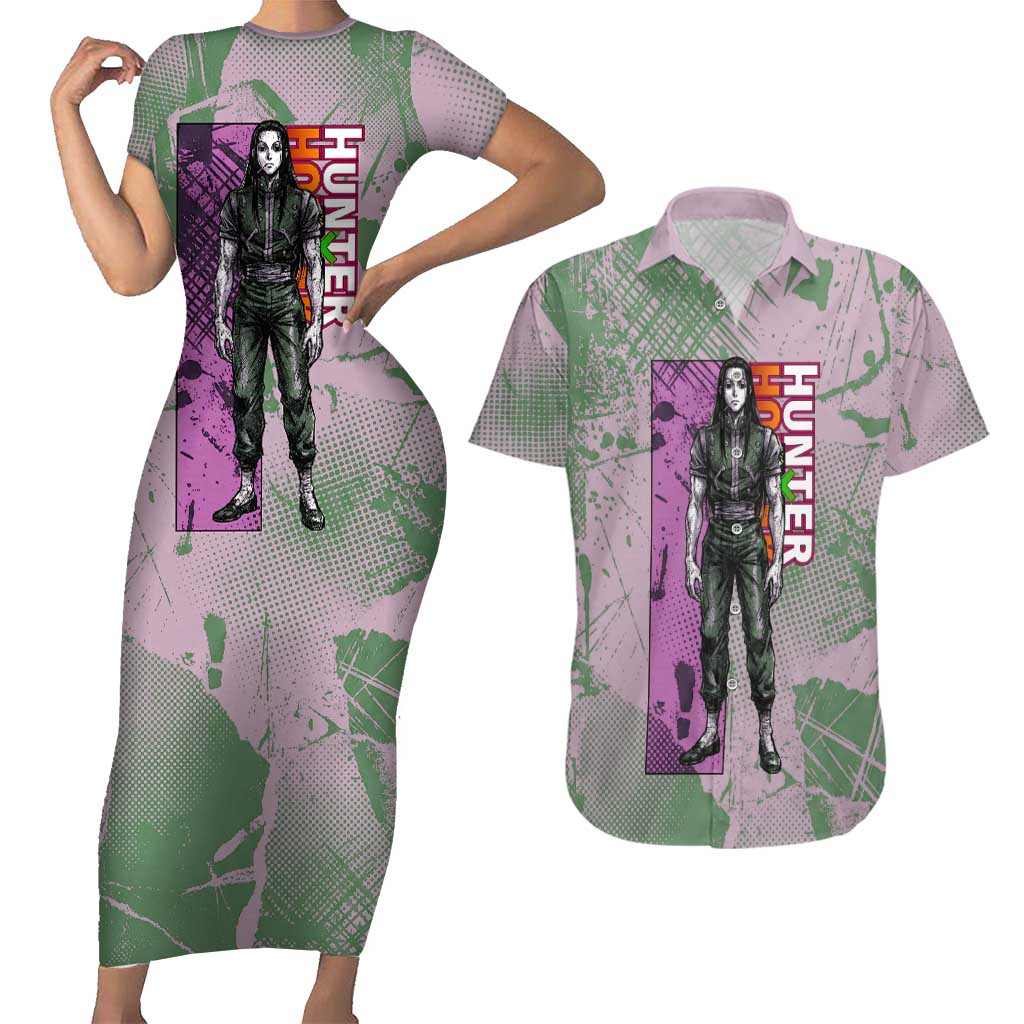 Alluka Zoldyck Theme Purple and Green Paint Splatter Design Couples Matching Short Sleeve Bodycon Dress and Hawaiian Shirt with Nen Ability Artwork and Character Card Style - The Mazicc