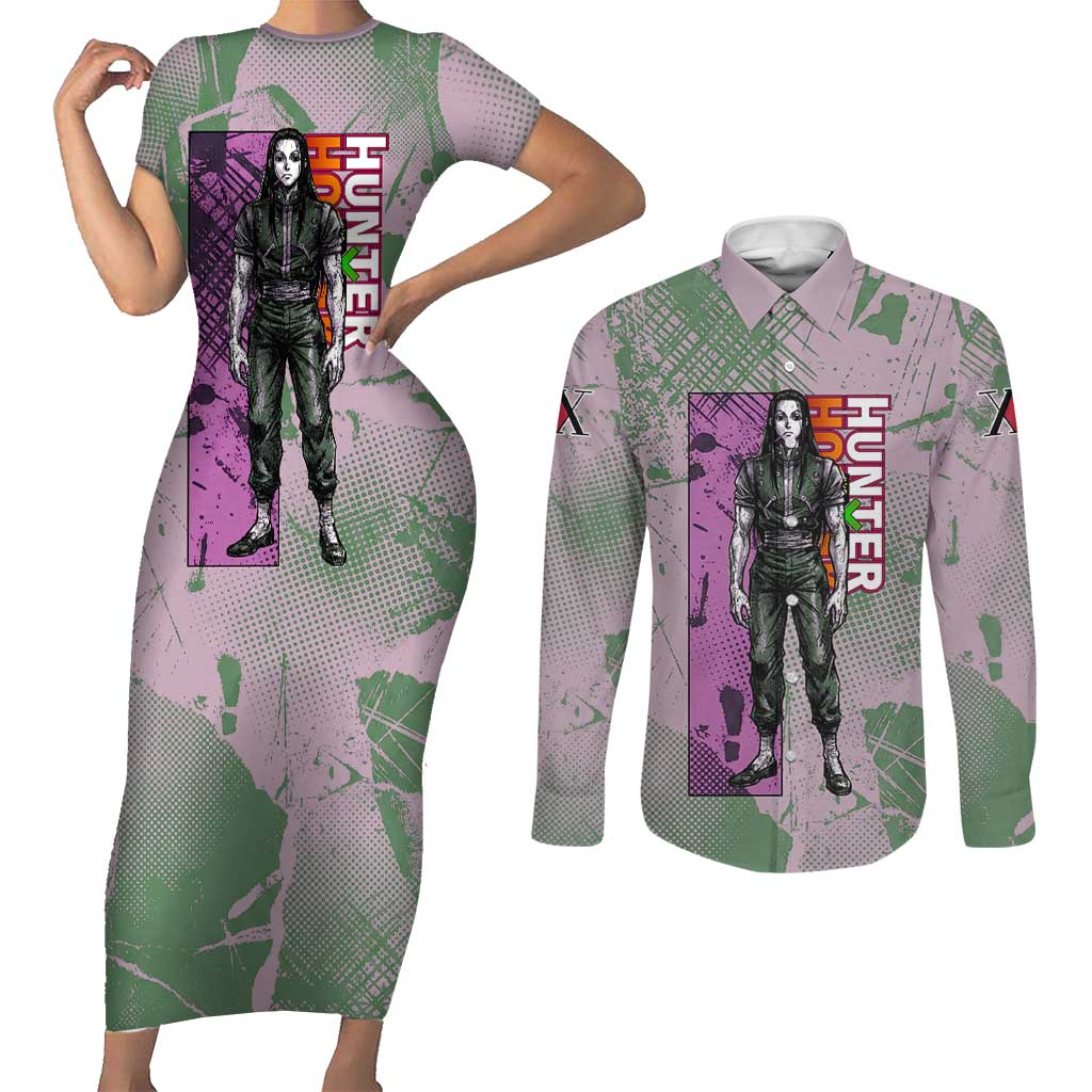 Alluka Zoldyck Theme Purple and Green Paint Splatter Design Couples Matching Short Sleeve Bodycon Dress and Long Sleeve Button Shirt with Nen Ability Artwork and Character Card Style - The Mazicc