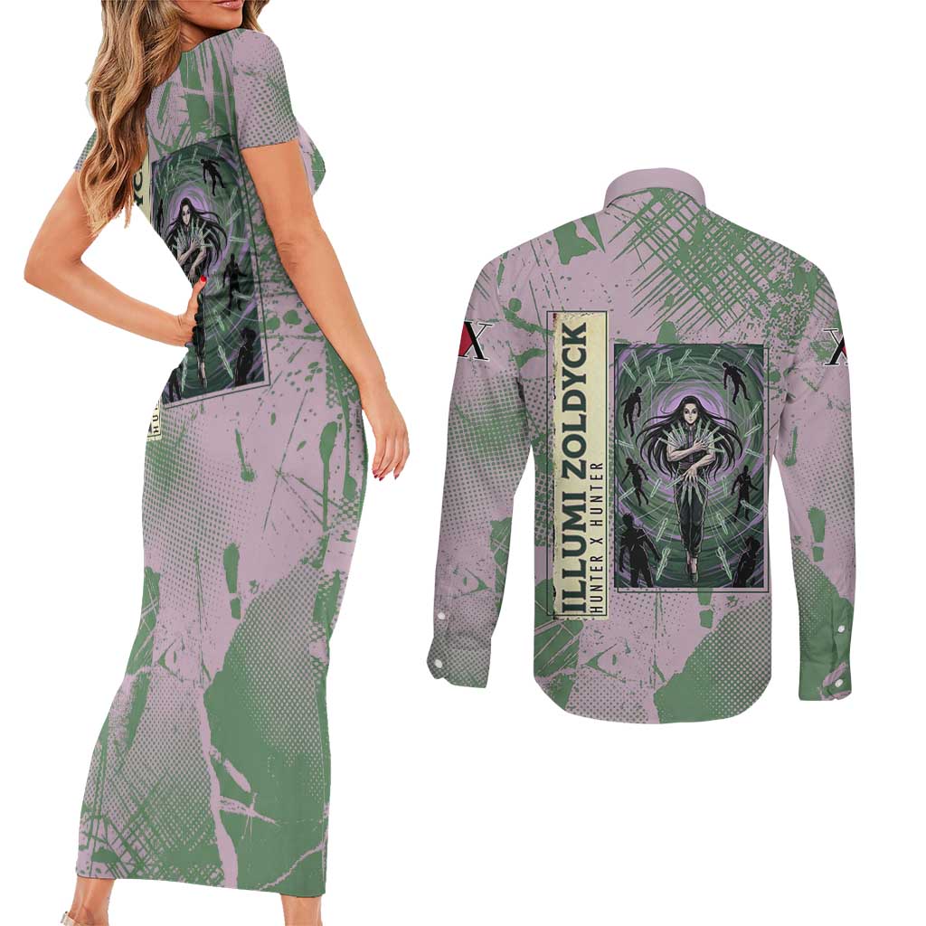 Alluka Zoldyck Theme Purple and Green Paint Splatter Design Couples Matching Short Sleeve Bodycon Dress and Long Sleeve Button Shirt with Nen Ability Artwork and Character Card Style - The Mazicc