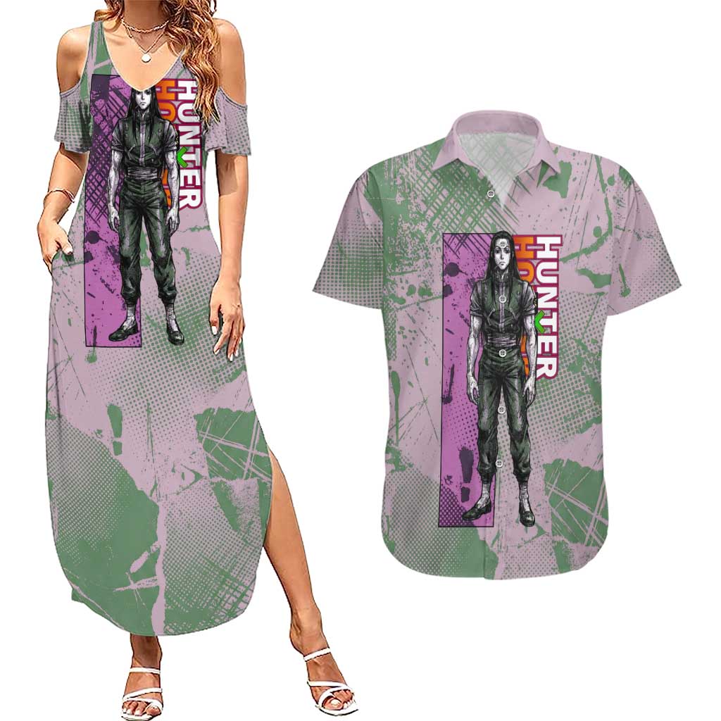 Alluka Zoldyck Theme Purple and Green Paint Splatter Design Couples Matching Summer Maxi Dress and Hawaiian Shirt with Nen Ability Artwork and Character Card Style - The Mazicc