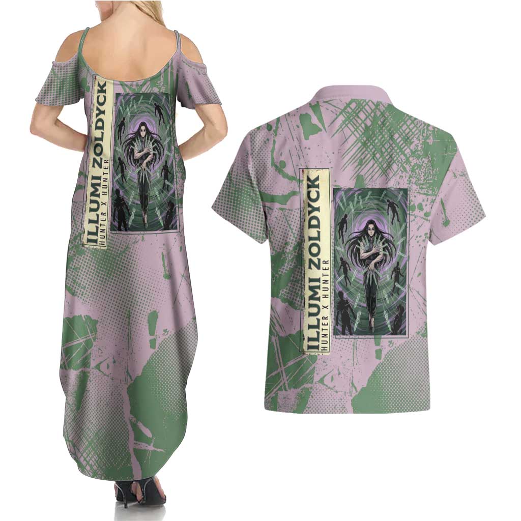 Alluka Zoldyck Theme Purple and Green Paint Splatter Design Couples Matching Summer Maxi Dress and Hawaiian Shirt with Nen Ability Artwork and Character Card Style - The Mazicc