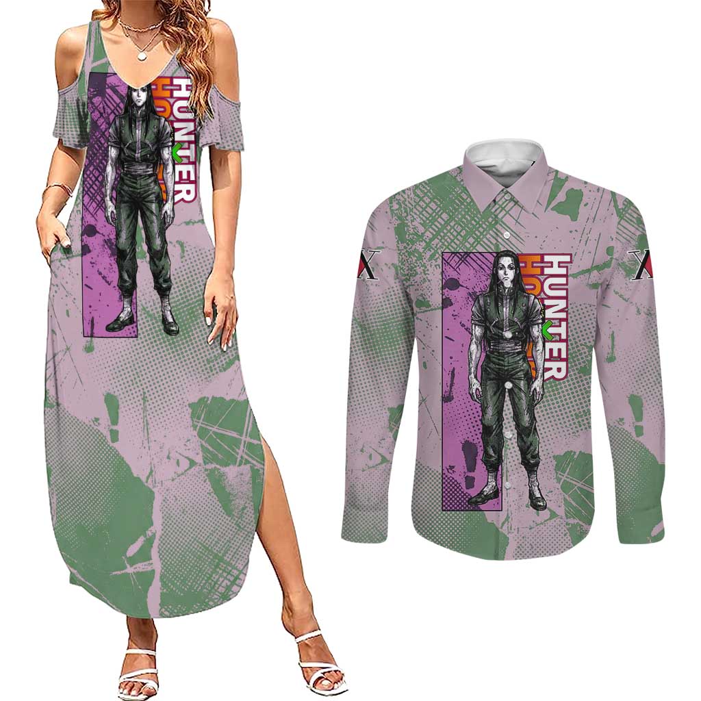 Alluka Zoldyck Theme Purple and Green Paint Splatter Design Couples Matching Summer Maxi Dress and Long Sleeve Button Shirt with Nen Ability Artwork and Character Card Style - The Mazicc