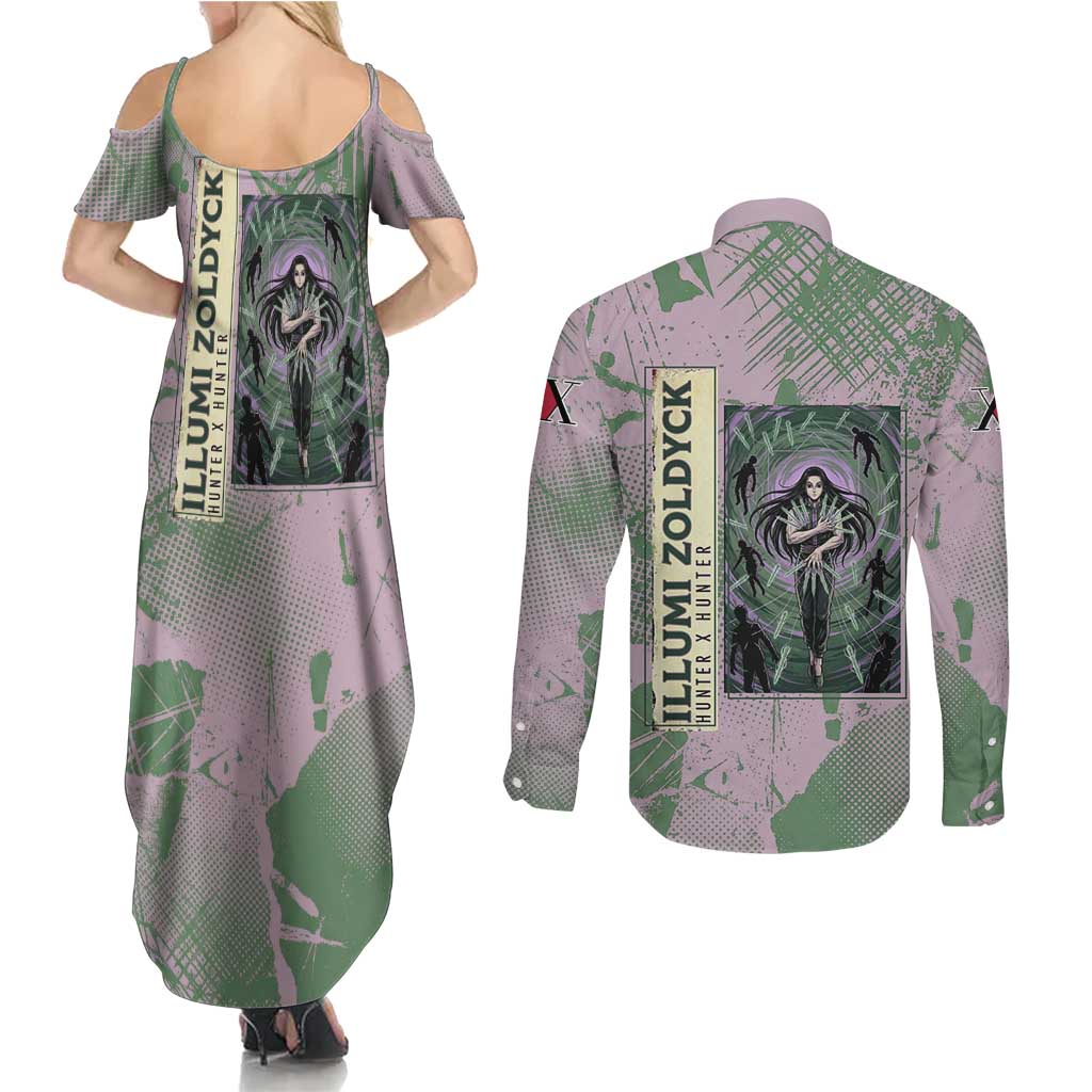 Alluka Zoldyck Theme Purple and Green Paint Splatter Design Couples Matching Summer Maxi Dress and Long Sleeve Button Shirt with Nen Ability Artwork and Character Card Style - The Mazicc