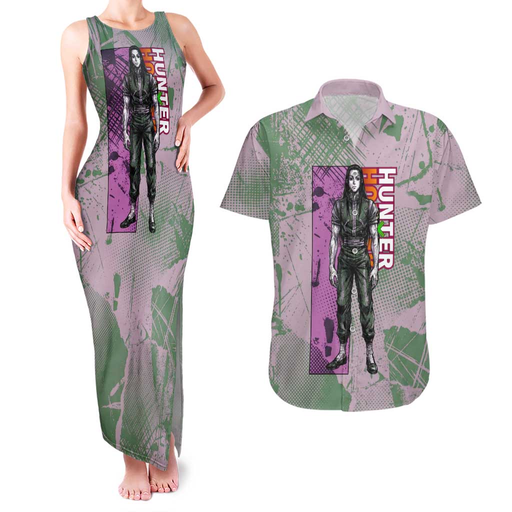 Alluka Zoldyck Theme Purple and Green Paint Splatter Design Couples Matching Tank Maxi Dress and Hawaiian Shirt with Nen Ability Artwork and Character Card Style - The Mazicc