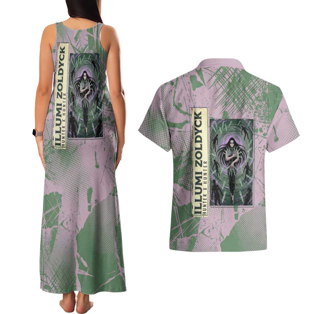 Alluka Zoldyck Theme Purple and Green Paint Splatter Design Couples Matching Tank Maxi Dress and Hawaiian Shirt with Nen Ability Artwork and Character Card Style - The Mazicc