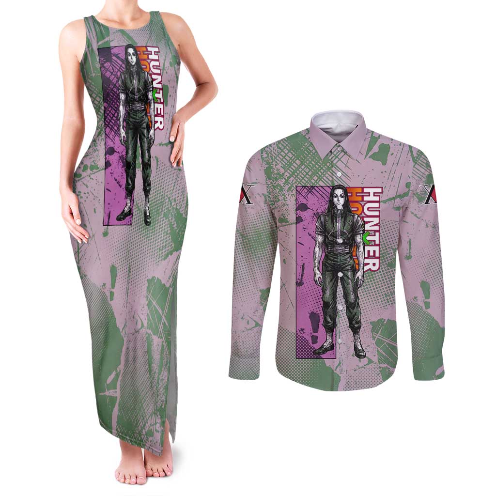 Alluka Zoldyck Theme Purple and Green Paint Splatter Design Couples Matching Tank Maxi Dress and Long Sleeve Button Shirt with Nen Ability Artwork and Character Card Style - The Mazicc