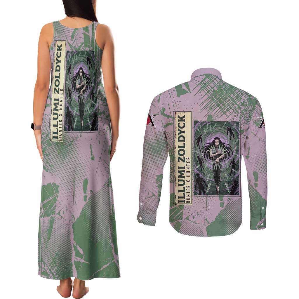 Alluka Zoldyck Theme Purple and Green Paint Splatter Design Couples Matching Tank Maxi Dress and Long Sleeve Button Shirt with Nen Ability Artwork and Character Card Style - The Mazicc