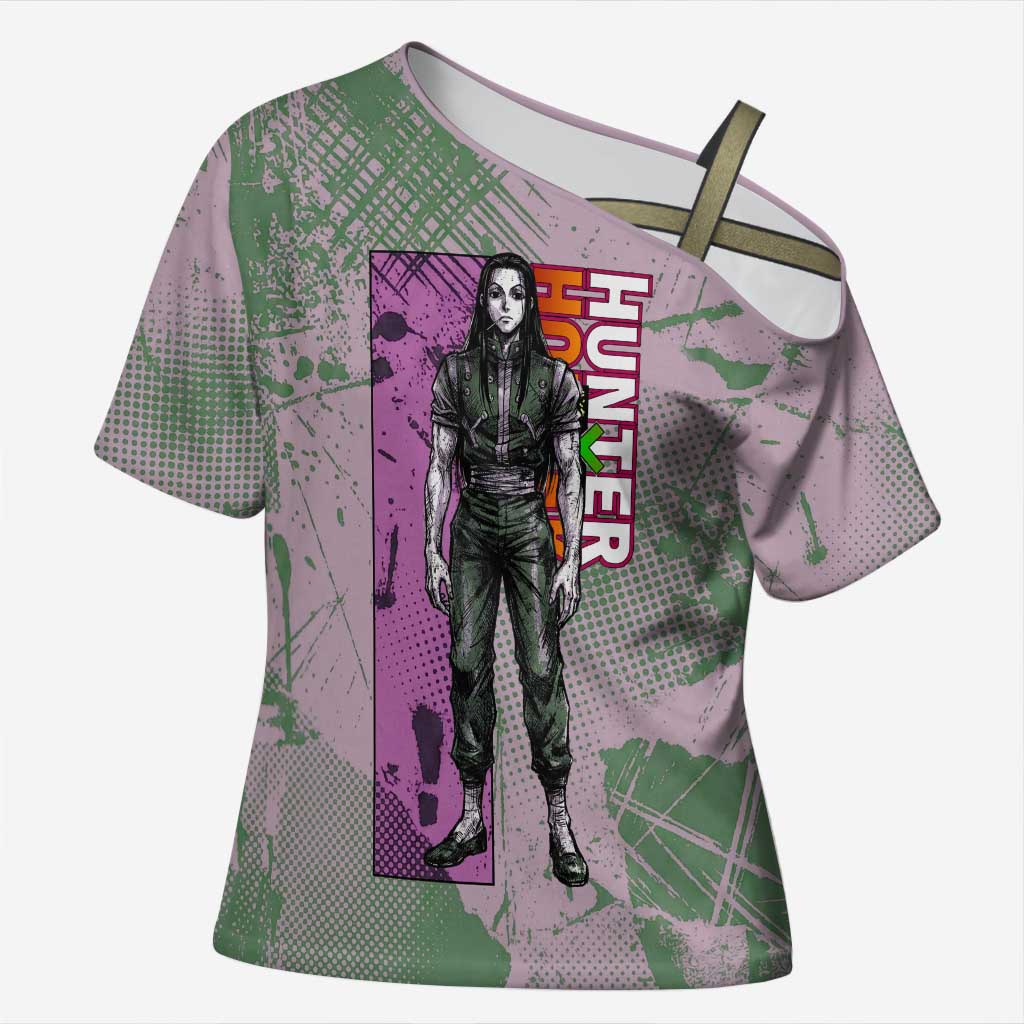 Alluka Zoldyck Theme Purple and Green Paint Splatter Design Cross Shoulder Shirt with Nen Ability Artwork and Character Card Style - The Mazicc