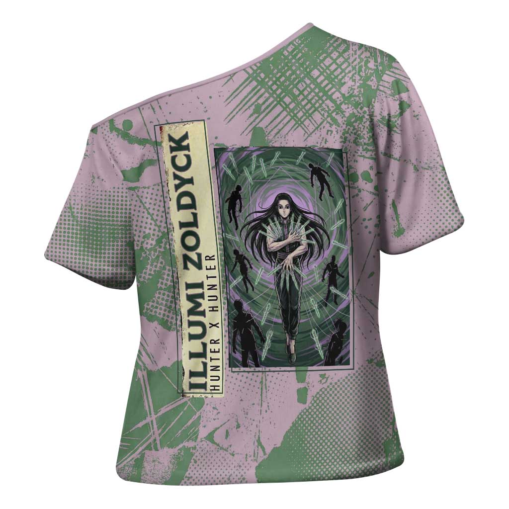 Alluka Zoldyck Theme Purple and Green Paint Splatter Design Cross Shoulder Shirt with Nen Ability Artwork and Character Card Style - The Mazicc