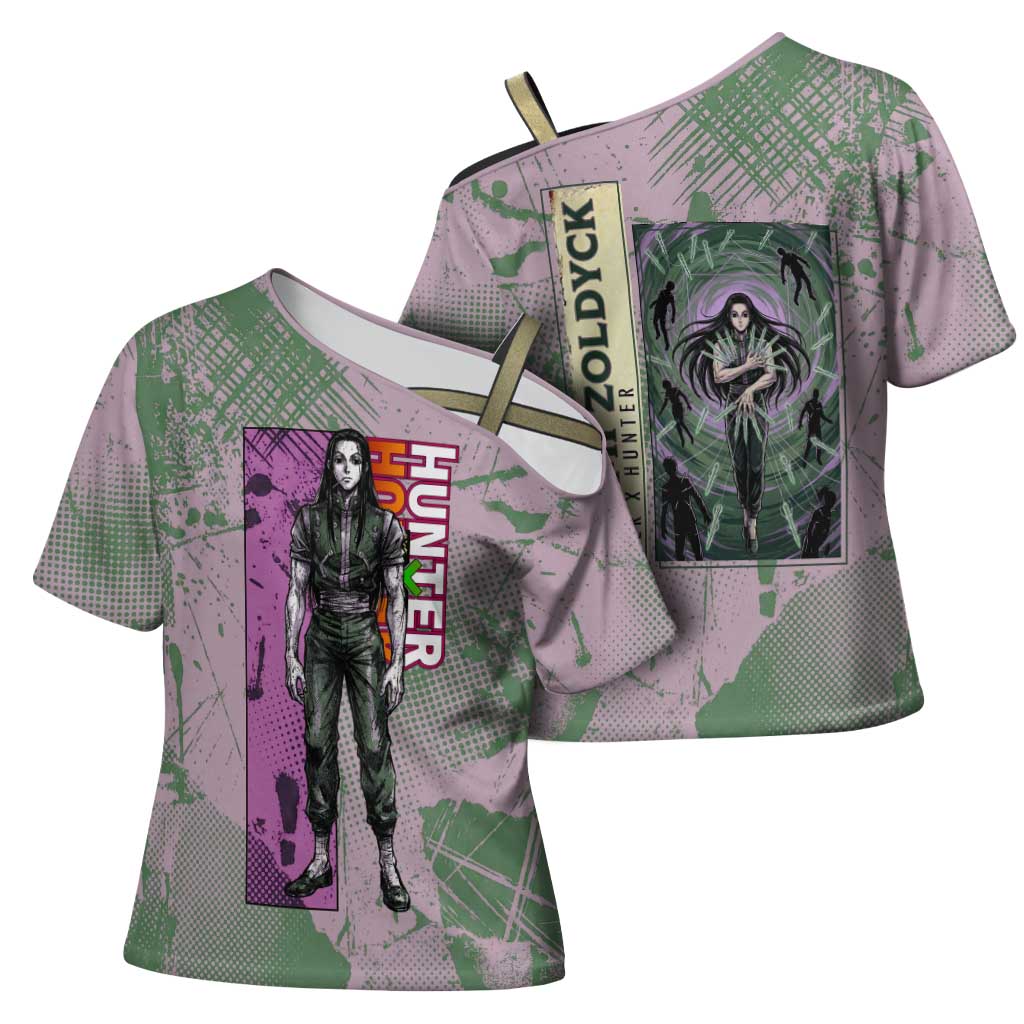 Alluka Zoldyck Theme Purple and Green Paint Splatter Design Cross Shoulder Shirt with Nen Ability Artwork and Character Card Style - The Mazicc