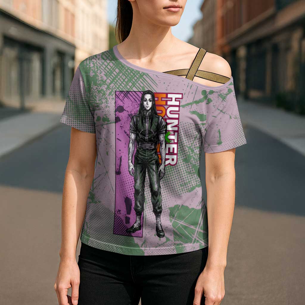Alluka Zoldyck Theme Purple and Green Paint Splatter Design Cross Shoulder Shirt with Nen Ability Artwork and Character Card Style - The Mazicc
