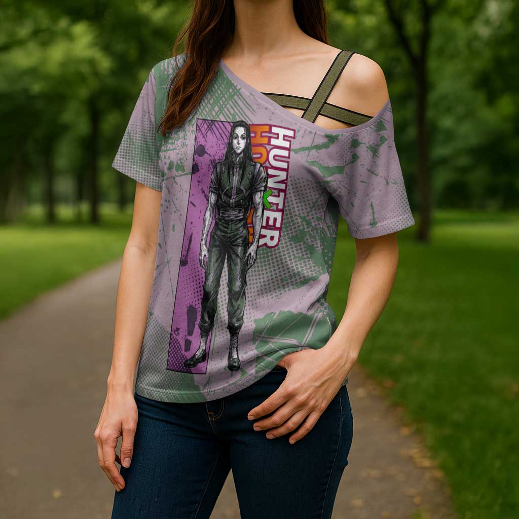 Alluka Zoldyck Theme Purple and Green Paint Splatter Design Cross Shoulder Shirt with Nen Ability Artwork and Character Card Style - The Mazicc