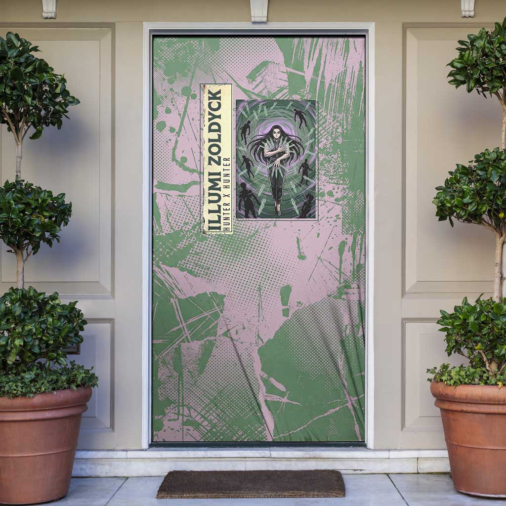 Alluka Zoldyck Theme Purple and Green Paint Splatter Design Door Cover with Nen Ability Artwork and Character Card Style - The Mazicc