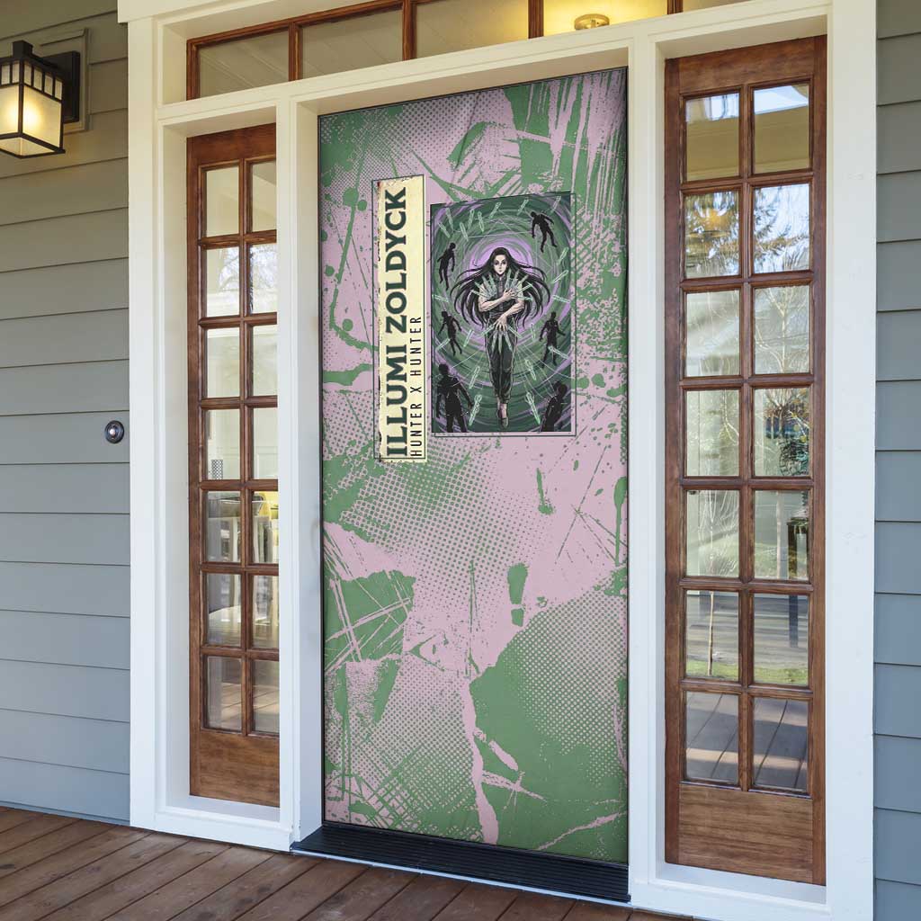 Alluka Zoldyck Theme Purple and Green Paint Splatter Design Door Cover with Nen Ability Artwork and Character Card Style - The Mazicc