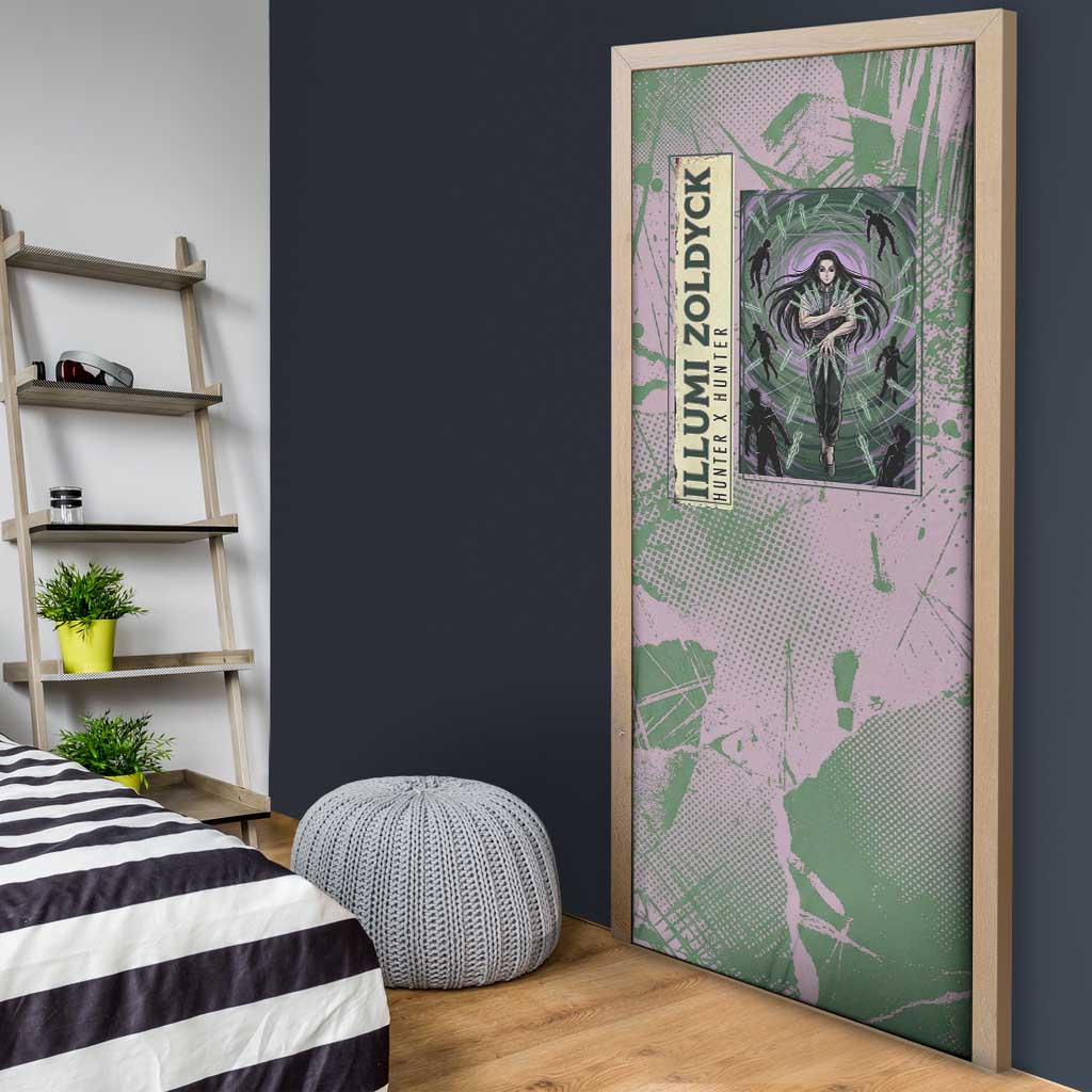 Alluka Zoldyck Theme Purple and Green Paint Splatter Design Door Cover with Nen Ability Artwork and Character Card Style - The Mazicc