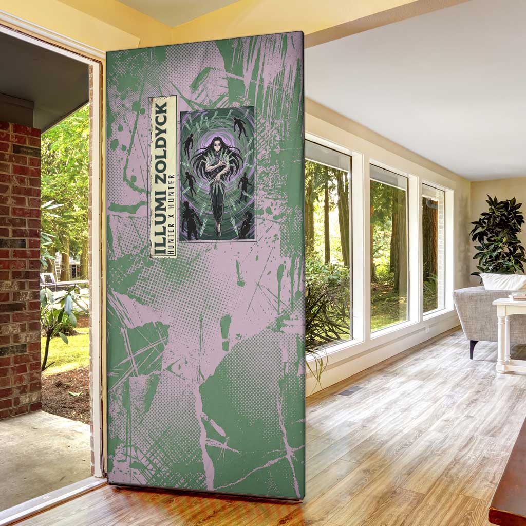 Alluka Zoldyck Theme Purple and Green Paint Splatter Design Door Cover with Nen Ability Artwork and Character Card Style - The Mazicc