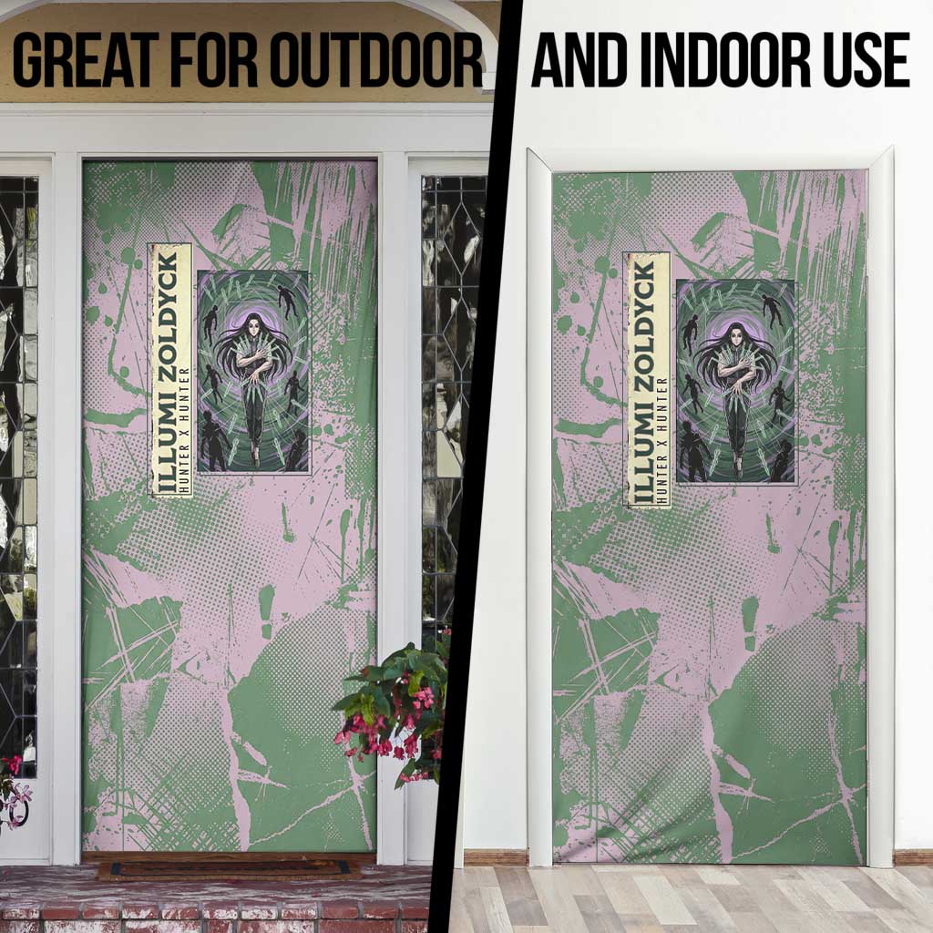 Alluka Zoldyck Theme Purple and Green Paint Splatter Design Door Cover with Nen Ability Artwork and Character Card Style - The Mazicc
