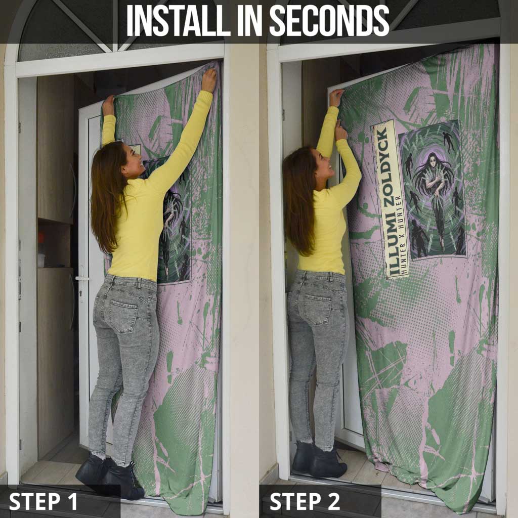 Alluka Zoldyck Theme Purple and Green Paint Splatter Design Door Cover with Nen Ability Artwork and Character Card Style - The Mazicc