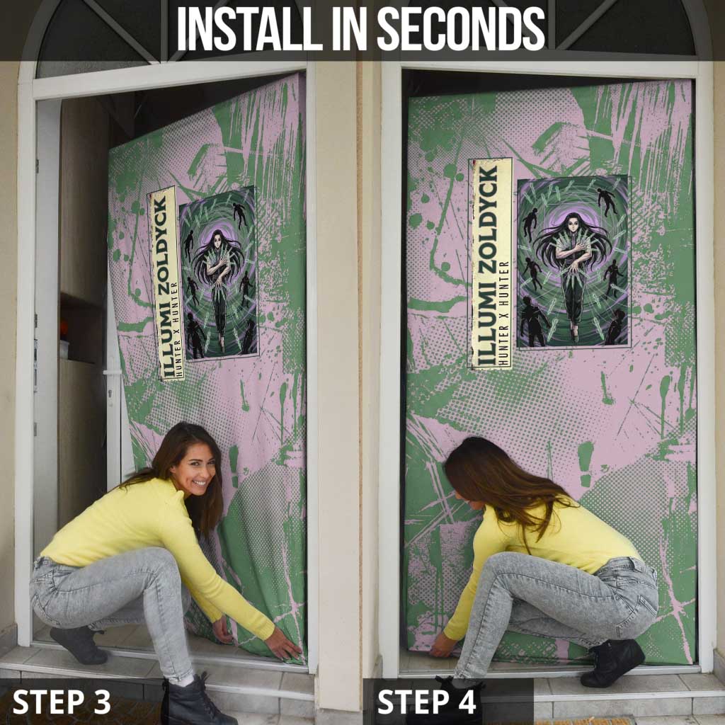 Alluka Zoldyck Theme Purple and Green Paint Splatter Design Door Cover with Nen Ability Artwork and Character Card Style - The Mazicc
