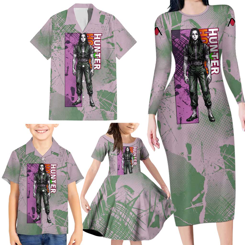 Alluka Zoldyck Theme Purple and Green Paint Splatter Design Family Matching Long Sleeve Bodycon Dress and Hawaiian Shirt with Nen Ability Artwork and Character Card Style